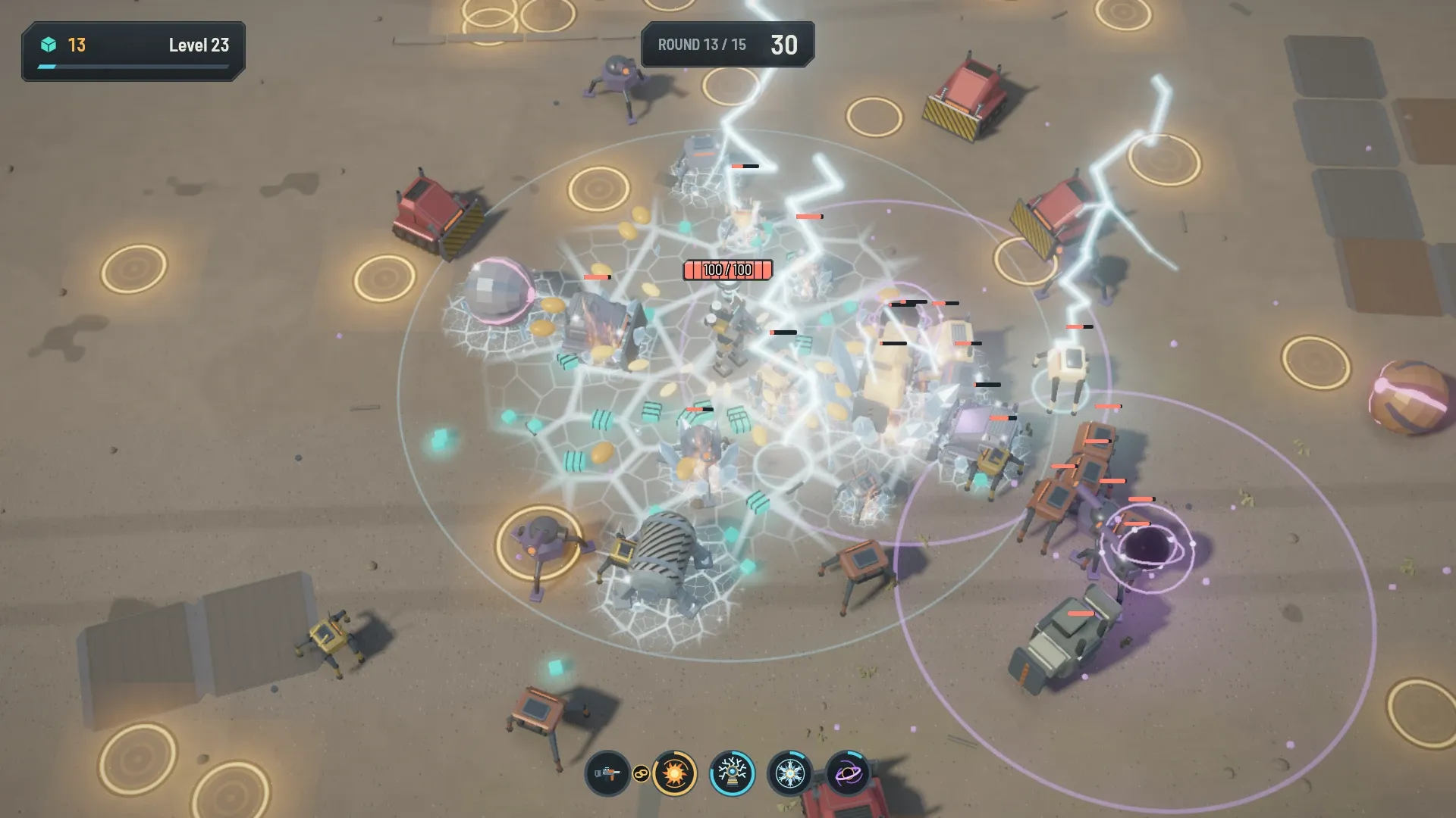 A late round: lightning, a frost nova and a gravity well tear through a crowd of machines around the player.